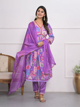 Odette - Purple Floral Anarkali Kurta with Pant and Dupatta (Set of 3)