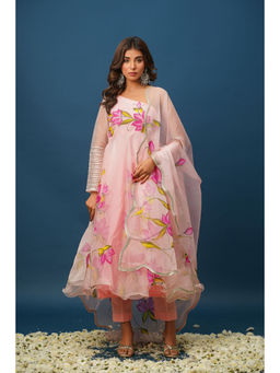 HOUSE OF BAISA - Pink Floral Anarkali Kurta with Pant and Dupatta (Set of 3)