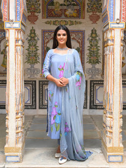 HOUSE OF BAISA - Grey Floral Kurta with Pant and Dupatta (Set of 3)