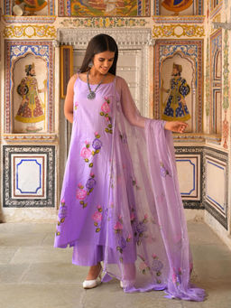 HOUSE OF BAISA - Lavender Floral Kurta with Palazzo and Dupatta (Set of 3)