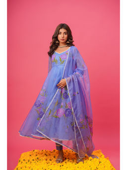 HOUSE OF BAISA - Lavender Floral Anarkali Kurta with Pant and Dupatta (Set of 3)
