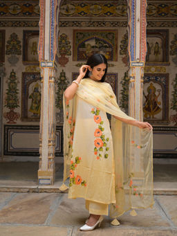 HOUSE OF BAISA - Yellow Floral Kurta with Palazzo and Dupatta (Set of 3)