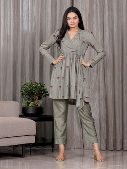 Sukruti Design - Grey Printed Wrap Kurta and Pant (Set of 2)