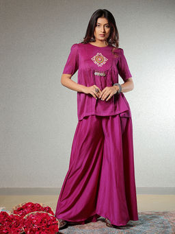 Sukruti Design - Magenta Printed Tunic and Palazzo (Set of 2)