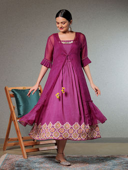 Sukruti Design - Magenta Printed Dress and Shrug (Set of 2)