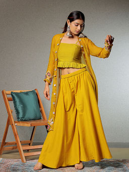 Sukruti Design - Yellow Printed Top with Jacket and Palazzo (Set of 3)