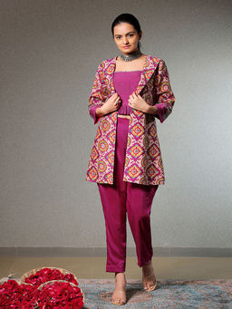 Sukruti Design - Magenta Printed Top with Jacket and Pant (Set of 3)