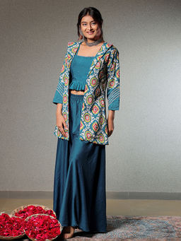 Sukruti Design - Blue Printed Top with Jacket and Palazzo (Set of 3)