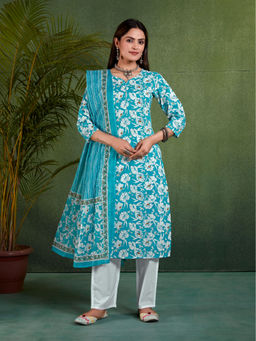 Vastramyaa - Womens Sky Blue Floral Printed Kurta with Trousers Dupatta (Set of 3)