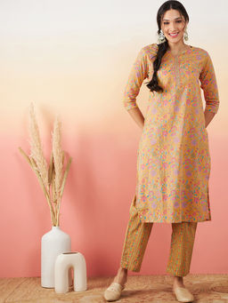 Vastramyaa - Womens Mustard Printed & Embroidered Kurta with Trousers (Set of 2)