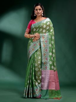 CHARUKRITI - Green Pure Silk Handwoven Soft Saree with Unstitched Blouse