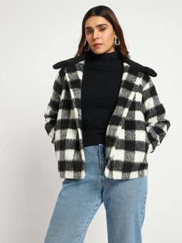 Femmella - Black and White Plaid Fur Jacket