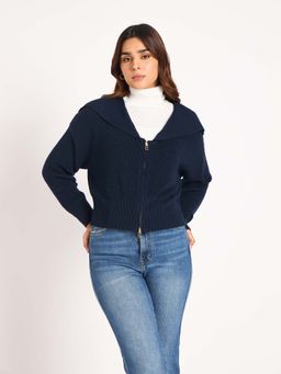 Femmella - Midnight Blue Crop Zip-Up Jacket