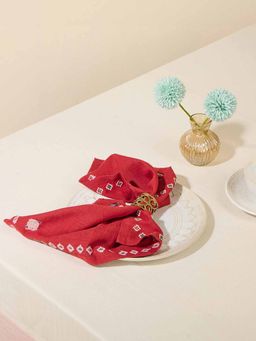 Fabindia - Red Cotton Embroidered Ahava Napkin (Pack of 6)