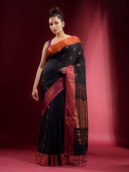 CHARUKRITI - Black Dual Border and Zari Design Saree with Unstitched Blouse
