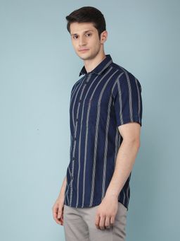 CRIMSOUNE CLUB - Mens Navy Blue Vertical Stripes 100% Cotton Shirt