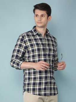 CRIMSOUNE CLUB - Mens Navy Blue Checkered 100% Cotton Shirt