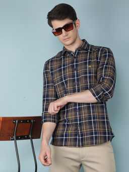CRIMSOUNE CLUB - Mens Mustard Checkered 100% Cotton Shirt