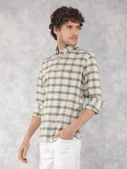 CRIMSOUNE CLUB - Mens Olive Checkered 100% Cotton Shirt