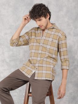 CRIMSOUNE CLUB - Mens Beige Checkered 100% Cotton Shirt