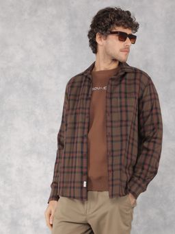 CRIMSOUNE CLUB - Mens Brown Checkered 100% Cotton Shirt