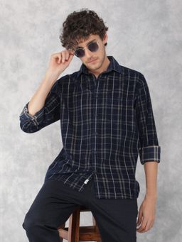 CRIMSOUNE CLUB - Mens Navy Blue Checkered 100% Cotton Corduroy Shirt