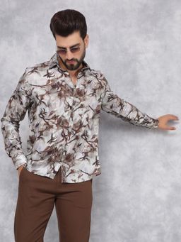 CRIMSOUNE CLUB - Mens Brown Floral Print Linen Shirt