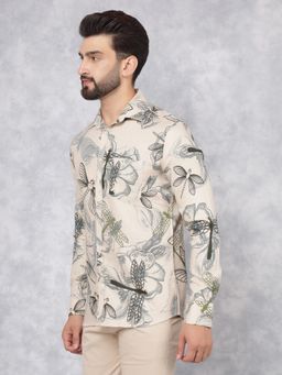 CRIMSOUNE CLUB - Mens Beige Floral Print Linen Shirt