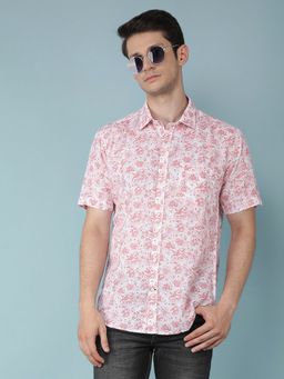 CRIMSOUNE CLUB - Mens Pink Floral Print Linen Shirt