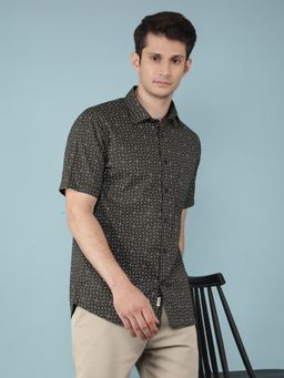 CRIMSOUNE CLUB - Mens Olive Printed 100% Cotton Shirt