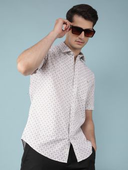 CRIMSOUNE CLUB - Mens Beige Printed 100% Cotton Shirt