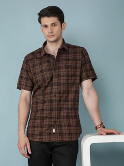 CRIMSOUNE CLUB - Mens Brown Checkered 100% Cotton Shirt
