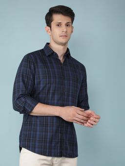 CRIMSOUNE CLUB - Mens Navy Blue Checkered 100% Cotton Shirt