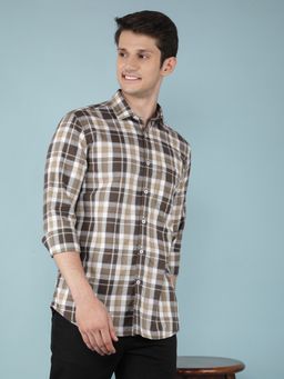 CRIMSOUNE CLUB - Mens Brown Checkered 100% Cotton Shirt