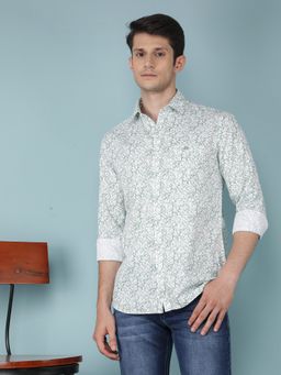CRIMSOUNE CLUB - Mens Green Floral Print 100% Cotton Shirt