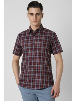 Van Heusen - Men Maroon Slim Fit Check Half Sleeves Casual Shirt