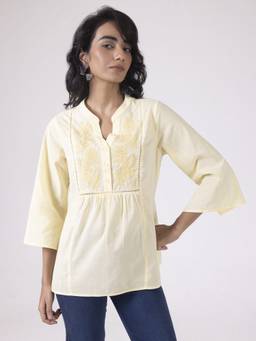 SHAYE - Yellow Embroidered Flared Peplum Top