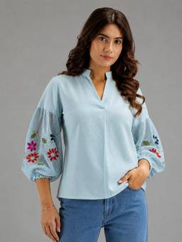 SHAYE - Light Blue Floral Embroidered Balloon Sleeve Top