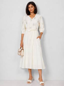 max - Off White Women Embroidered Tiered Dress with Belt