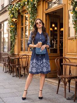 ZUMMER - Navy Blue Denim Embroidered Dress