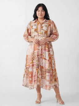 max - Beige Women Printed A-Line Dress with Belt