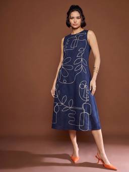 ZUMMER - Navy Blue Cord Work A-Line Dress