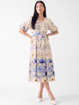 max - Beige Women Floral Print Dress with Belt