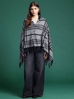 CAYMAN - Charcoal Women Pure Acrylic Checks Poncho
