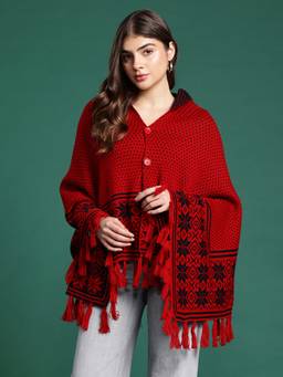 CAYMAN - Red Women Pure Acrylic Polka Dots Poncho