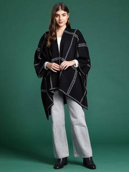 CAYMAN - Black Women Pure Acrylic Checked Poncho