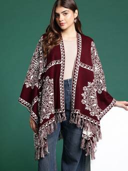CAYMAN - Burgundy Women Floral Designed Poncho