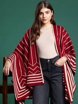 CAYMAN - Maroon Women Pure Acrylic Striped Poncho