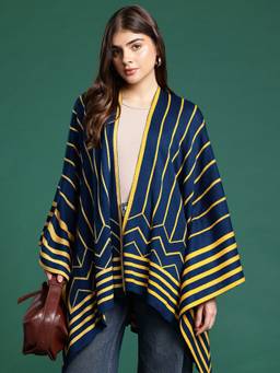 CAYMAN - Navy Blue Women Pure Acrylic Striped Poncho