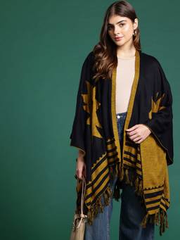 CAYMAN - Black Women Pure Acrylic Printed Poncho